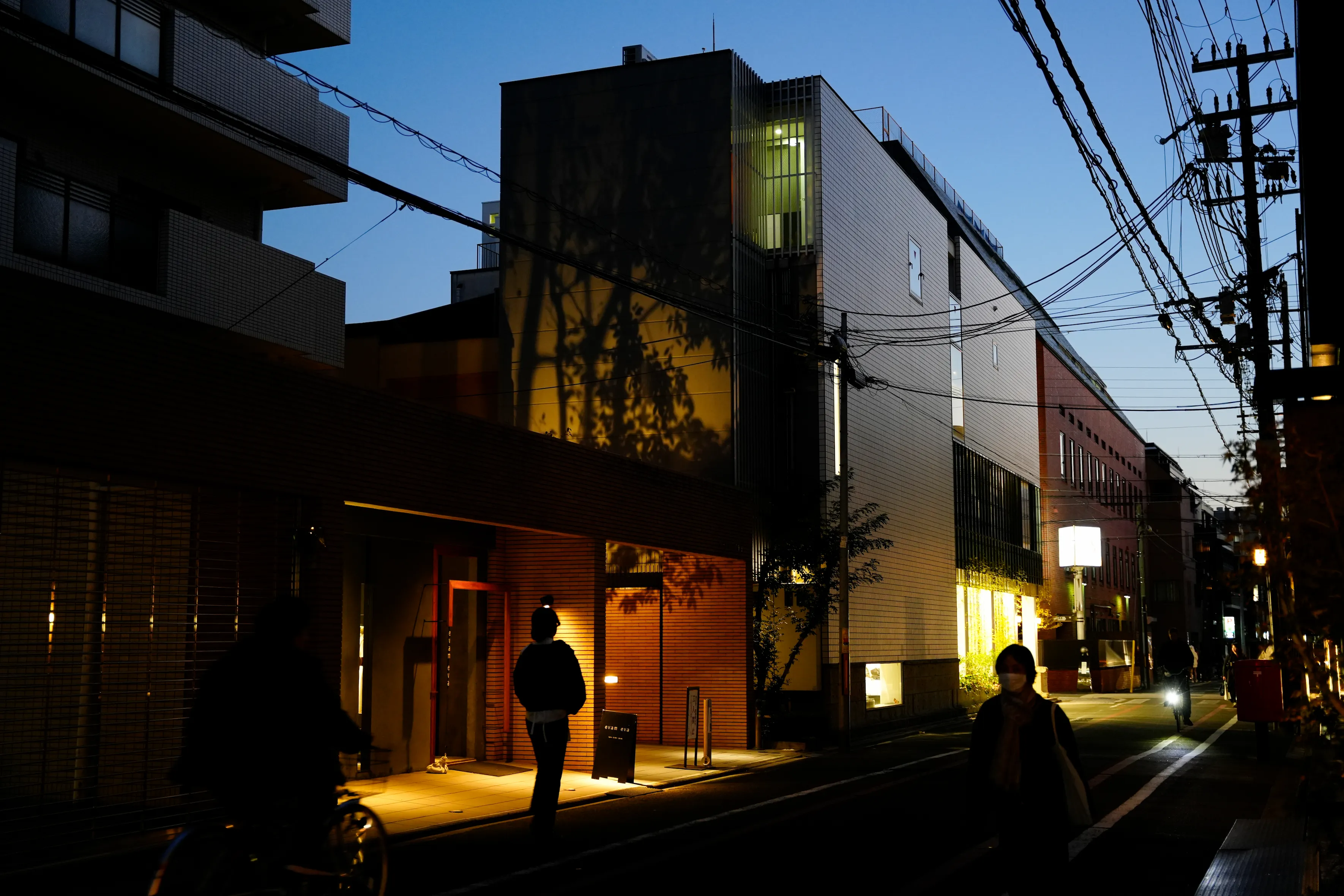 Street scene at dusk with illuminated building, shadows of tree branches on wall, and silhouettes of people including a cyclist and a pedestrian wearing a mask.