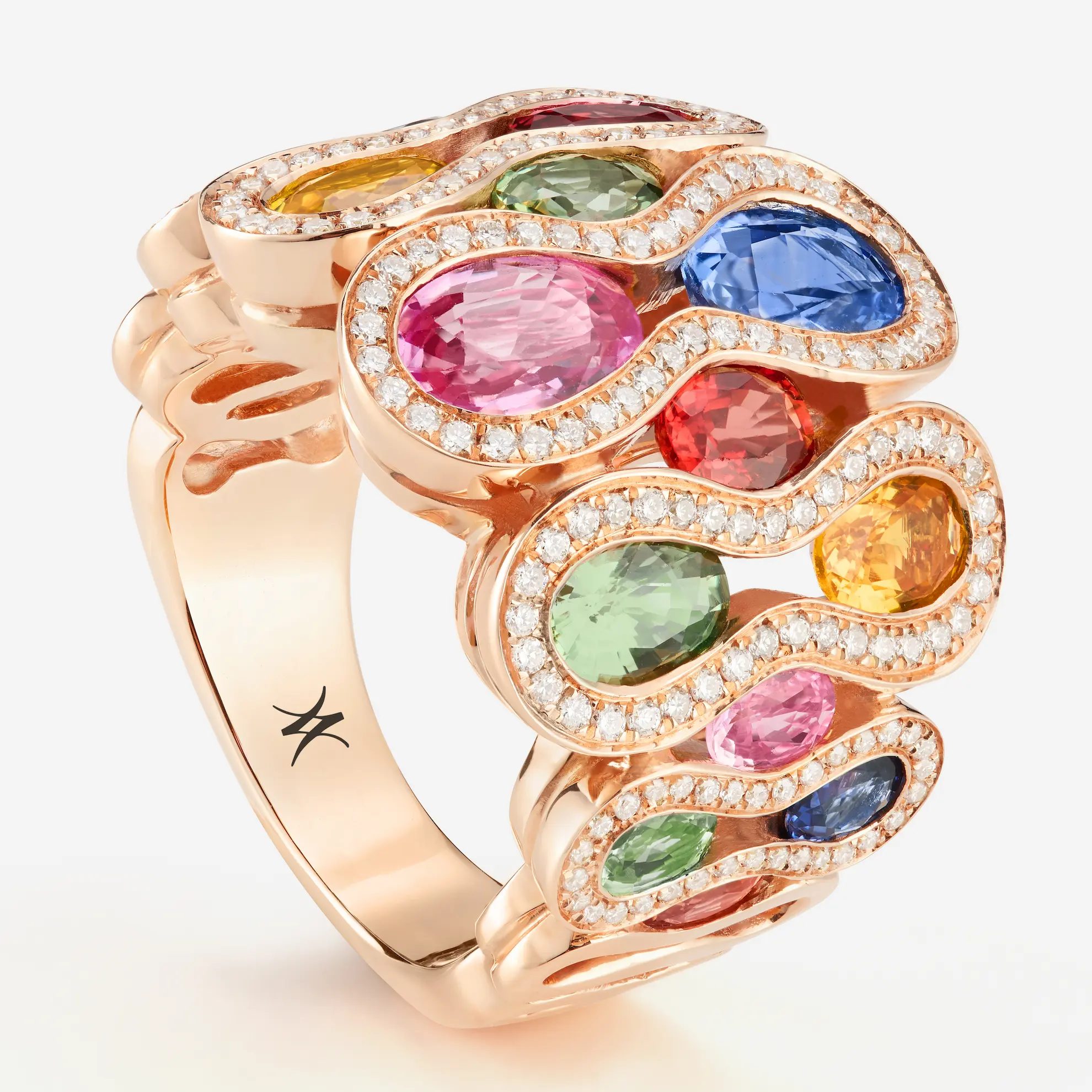 Rose gold ring featuring an intricate design with colorful gemstones and small surrounding diamonds.